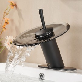 RODDEX Waterfall Bathroom Sink Faucet Solid Brass Modern Circle Glass Waterfall Faucet for Basin Vanity Single Hole Pedestal Sink Faucets One Handle Corner Sink Bathroom Faucet, Short, Black