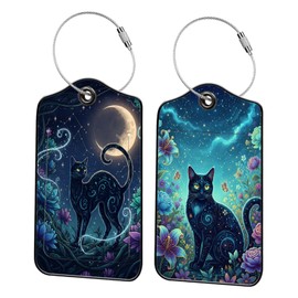 Qrifaro 2 Pack Black Cat Luggage Tags for Suitcases Magic Night Travel Bag Tags with Privacy Cover ID Label with Stainless Steel Loop for Women Men Girls Cute Backpack Gift Moon Flower