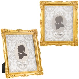 Geelin 2 Pcs 8 x 10 Vintage Gold Photo Frame Resin Rectangle Antique Vintage Picture Frame with Backboard and Glass Front Desktop Display and Wall Hanging for Hotel Wedding Photography Home