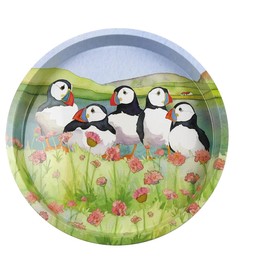 Emma Ball Colourful Round Tin Tea/Drinks Tray - Puffins in Sea Thrift Design - 32 cm