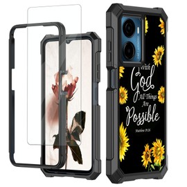 RAUEDWDJS Case for Cricket Magic 2 5G 2024,AT&T Propel 2 5G Case with Tempered Glass Screen Protector,Full-Body Hard PC Soft TPU Bumper Shockproof Protective Cover-Sunflower Matthew 19:26