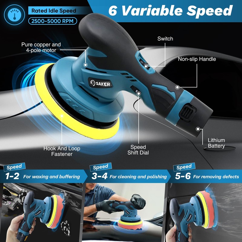 Saker Mini Cordless Buffer Polisher - 6 Inch Portable Polishing