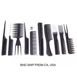 Beauty Headquarters 10pcs Black Professional Combs Hairdressing Hair Salon Styling Barbers Set Kit