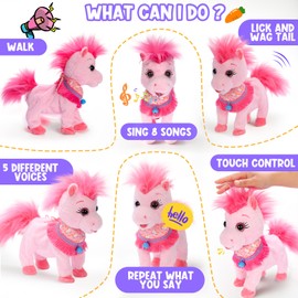 Ylpaprm Pink Walking Pony Set Interactive Talking Singing Dancing Horse Walk Along with Remote Control Leash Plush Pony Pet Toy for Kid, Nod Lick Wag Repeat What You Say, 3+ Girl Boy