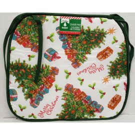 CHRISTMAS HOUSE SET OF 4 THIN CHAIR PADS CUSHIONS,XMAS TREES &GIFTS,SEASON'