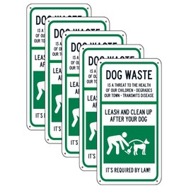 WOSTOD Dog Waste Is A Threat Sign, Leash Clean Up After Your Dog Sign Warning Dog Sign for Fence Outdoors Lawn Garden Yard Signs 5X10 Inches 5Pcs