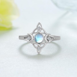 Triple Moon Goddess Celtic Rings 925 Sterling Silver Moonstone Celtic Rings Irish Jewelry Gifts for Women (Size 8)