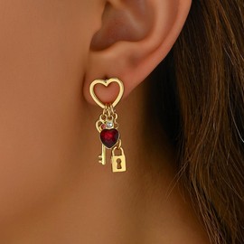 CZ Red Heart Key and Lock Drop Stud Earrings for Women Pink Birthstone Love Shaped Link Chain Dangle Studs Earring Dainty Wedding Anniversary Valentines Day Jewelry Gifts for Wife Lovers, Small,