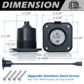 15 Amp Shore Power Inlet, EilxMag 125V Flanged Inlet Power Inlet Port Plug NEMA 5-15P RV Electrical Outlet with Integrated 24" Cord ETL Approved