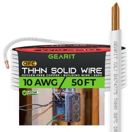 GearIT Solid THHN Wire (10 Gauge, 50 Feet) 100% OFC Electrical Building Wire, Rated for Up to 600 Volts, Single Conductor, Nylon Jacket, UL Listed/RoHs Compliant - White, 50ft