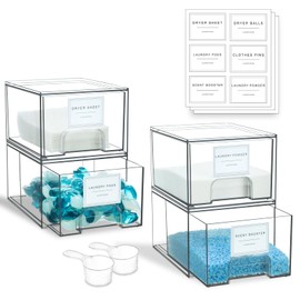 SACREDAY 4 Pack Laundry Room Organization and Storage Containers with Labels, Stackable Clear Plastic Storage Drawers for Dryer Sheet Holder, Laundry Pods Container, Laundry Room Decor for Organizing