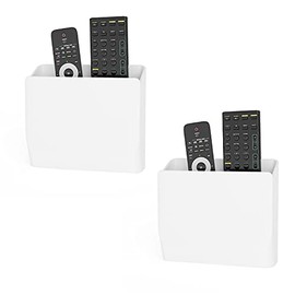 WALI Remote Control Holder Wall Mount, TV Remote Wall Holder Pocket, Bedside Shelf, 5 Inch Hole-Free, for 2 or 3 Media Controls (WMH001-W), 2 Pack, White