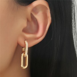 Trendy 14K Gold Hoop Paperclip Square Earrings for Woman,Statement Hanging Drop Dangle Zircon Earrings,Double Hoop Earrings Jewelry Gifts (B)
