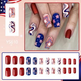 24Pcs Independence Day Press on Nails Glossy 4th of July Nails Press ons Fake Nails Short Square Red White Blue Star Wave Design Full Cover Glue on Nails for Women Patriotic American Nail Decoration