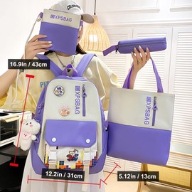LELAOJI Kawaii 4PCS Backpack Set for Girls with Cute Bear Accessories - School Bookbag, Shoulder Bag, Handbag, Pen Pouch & More Student Back to School Supplies (24A04, Purple)