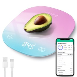 arboleaf Küchenwaage mit App 10kg, digitale Küchenwaage mit Kalorienzähler, Waage Küchenwaage USB aufladbar mit Bluethooth und LED-Display, Essenwaage 0,5g Richtigkeit aus gehärtetes Glas(Bunt)