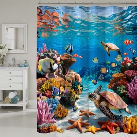 COSEVIER Sea Turtle Shower Curtain Ocean Beach Coastal Seaworld Marine Life Bathroom Curtain Set with Hooks Home Decoration 72x72 Inch Fabric Waterproof
