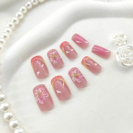 French Tip Press on Nails Medium Square Fake Nails with 3D Flower Designs Pink Nails Press ons Glossy Glue on Nails Yellow False Nails Nude Acrylic Nails Cute Stick on Nails for Women 24Pcs