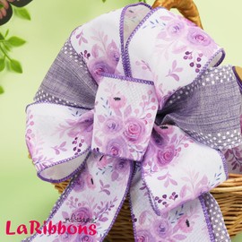 LaRibbons Floral Ribbon Wired 2.5 Inch x 12 Yards, Purple Rose Flower Burlap Ribbon for Spring Easter Summer Mother Day Crafts Gift Wrapping Wreath Bow Decoration