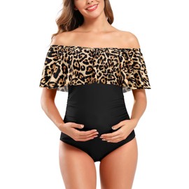 SHEKINI Women's Off-Shoulder Maternity Swimsuits Ruffle Pregnancy One Piece Bathing Suit(Leopard Print，XXX-Large)