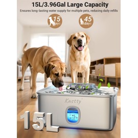 Kastty 4 Gal Dog Water Fountain for Large Dogs,15L Stainless Steel Dog Water Bowl Dispenser Triple Filtration,Ultra Quiet Automatic Pet Water Fountain with Water Level Window and LED Light(FS76)