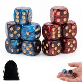 IBXWMNG Set of 10 D6 Dice 16 mm - Two-Tone Game Dice with Mother of Pearl Effect and Velvet Bag - 6-Sided Colour Dice for Board Games, Role Play, Tabletop & Casino - Blue/Black & Red-Black