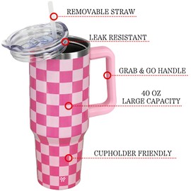 Wesncdch 40 oz Tumbler with Handle and Straw Lid | Vacuum Insulated Leak Proof Tumbler | Stainless Steel Water Bottle Cup Gifts for Moms Dads Women Men Him Her | Pink Checkered