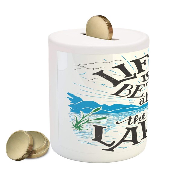 Lunarable Cabin Piggy Bank, Life is Better at The Lake Wooden Pier Plants Mountains Sketch Art, Ceramic Coin Bank Money Box for Cash Saving, 3.6" X 3.2", Charcoal Grey