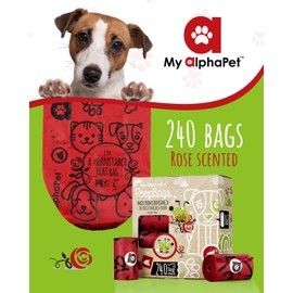 My AlphaPet Compostable Dog Poop Bags, Cornstarch Eco-Friendly, HOME COMPOST NF T 51-800, 240 Count, Large Size Bag 9x13 Inches, 16 Unscented Refill Rolls, Leak-proof, Plantbased, GM-Free Corn (Red)