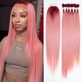 DÉBUT Ombre Red to Pink Synthetic Silky Straight 6 Bundles with Lace Front Closure 26 28 30 Inches Long Straight Hair Bundles Weave with Hand-Tied Middle Parting Lace Closure Ombre Pink
