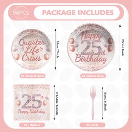 96 Pcs 25th Birthday Party Supplies Quarter Life Crisis Rose Gold 25 Year Old Birthday Plates and Napkins Tableware Set 25th Birthday Decorations for Women Girls Happy 25th Birthday Party Serves 24