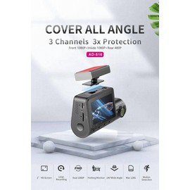 Udorich Three-Lens Vehicle Recorder with Wide Angle Coverage, Parking Monitor, and Infrared Lights, Includes Memory Card