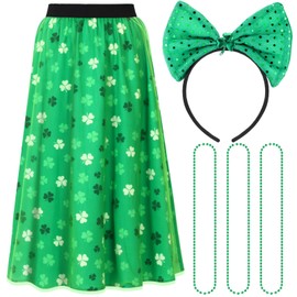 Jeere 5 Pcs St. Patrick's Day Women Leprechaun Costumes Irish Long Tutu Skirt Waist Shamrock Headband Bead Necklace Jewelry(M)