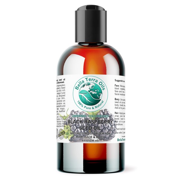 Bella Terra Oils - Black Raspberry Seed Oil 8oz - Natural Elixir Enhanced with Ellagic Acid & Vitamin A, Cold-Pressed Cosmetic Secret for Radiant Skin