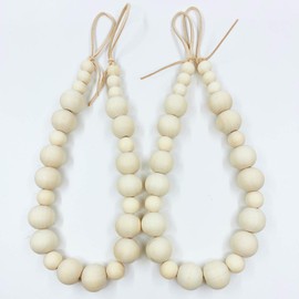 ZILucky Set of 2 Curtain Tie Backs, Natural Wood Drape Tiebacks, Window Treatment, Farmhouse Garland, Boho Decor Accessories (Primary Color Beads - Khaki Leather Cord)