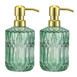 2 Pcs Farmhouse Crystal Design Bathroom and Kitchen Soap Dispenser Set with Green 12 oz Glass Jar, Gold Stainless Steel Pump - for Hand Soap, Dish Soap and Mouthwash Dispenser for Home & Kitchen Decor