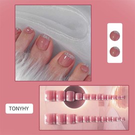 Pink Press On French Toenails With Glitter Rhinestone - Square Acrylic False Toe Nails - Artificial Stick On Foot Fake Nail for Women