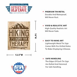 Desperate Enterprises It's Cheaper Than Therapy - Hiking Tin Sign - Nostalgic Vintage Metal Wall Decor - Made in USA