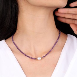 Gempires Amethyst Beaded Necklace for Women with Freshwater Pearl, Pearl Necklace, February Birthstone, Choker Style, Gift for Women, 14k Gold Plated 18 inch Adjustable Chain