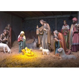 BELECO Polyester Fabric 8x6ft Christmas Nativity Scene Photography Backdrop Christmas Manger Scene Photograhic Background Christian Holy Family Baby Jesus Nativity Figurine Backdrop Photo Studio Props