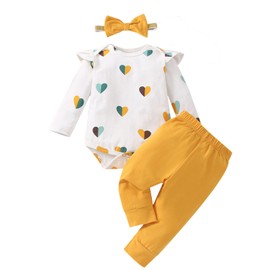 Baby Girl Clothes Newborn Heart Print Outfits Infant Long Sleeve Romper and Pants Clothing Set 3Pcs 0-3 Months