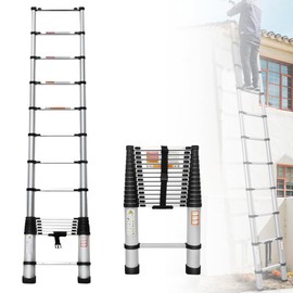 Aluminum Telescoping Ladder 14.5FT Portable Extension Ladder - Multi-Purpose Lightweight Folding Ladder RV Collapsible Ladder, Anti-Slip Attic Ladder, Loft Ladder, Heavy Duty 330 Lb Capacity, Black