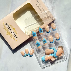 24Pcs Blue Flower Press on Nails Short Square French Tip Fake Nails with Gold Rhinestones Flower Core Design Spring Summer False Nails Cute Stick on Nails Full Cover Artificial Glue on Nail for Women