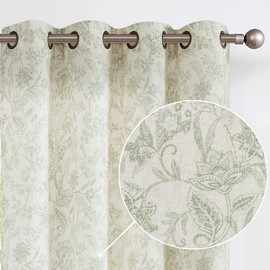 Lazzzy Linen Farmhouse Curtains for Living Room 84 Inch Length Floral Print Window Curtains Semi Sheer Drapes for Bedroom Country Light Filtering Curtain Grommet Top 2 Panels Green on Beige