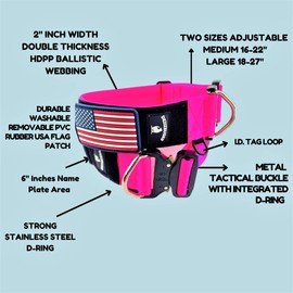 Tactical Dog Collar 2 Inch Wide Thick Heavy Duty Military Style with Metal Buckle, Adjustable for Medium - Large Breeds, Durable K9 Training Gear with Patch Area, USA Flag Patch, Strong and Secure Fit