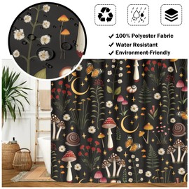 farg 72x72 Inch Vintage Mushroom Shower Curtain Fairy Forest Flowers Plants Shower Curtains Sets Water Repellent Retro Botanical Seasonal Fabric Curtain for Bedroom Livingroom Decor with Hooks