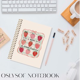 OSLYSOF Coquette Pink Bow Strawberry Spiral Notebook, Strawberry Journal, Cute Girly Notebook, Preppy Fruit Journal for Women Girls, 5.5x8.3 Inch with 164 Pages