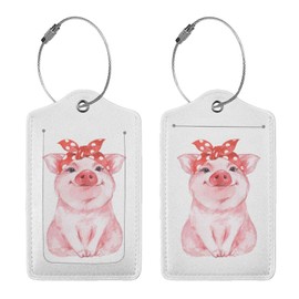 Buyidec 2 Pack Cute Pink Pig Luggage Tags for Suitcases, Leather Baggage Tag with LoopName Id Card Cover Travel Bag Labels Set for Women Men Boys Girls Kids