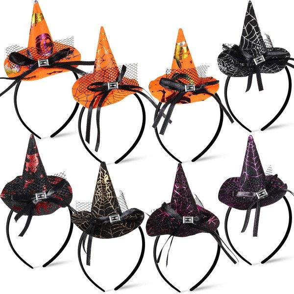 WILLBOND 8 Pieces Halloween Headbands Assorted Halloween Party Witch Spider Hat Headbands for Halloween Costume Party Cosplay Photo Booth