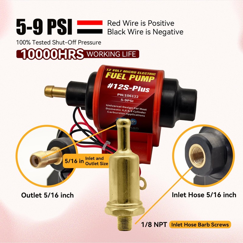 ENGINEMAN Universal 12 Volt Electric Fuel Pump 5-9 PSI, 35GPH,